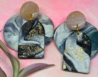 Blush Pink, Goldleaf, Black & White Marbled Polymer Clay Earrings