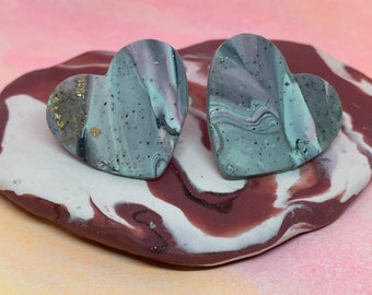 Muted Speckled Grey, Mint, & Pink Swirl Medium Heart Marbled Polymer Clay Earrings