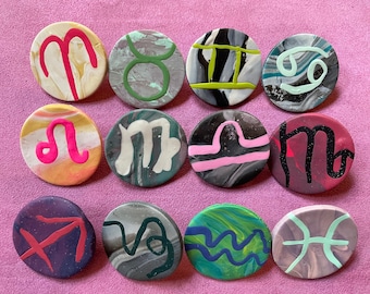 Zodiac Astrology Symbols Marbled Polymer Clay Pins Aries Taurus Gemini Cancer Leo Virgo Libra Scorpio Sagittarius Capricorn Aquarius Pisces