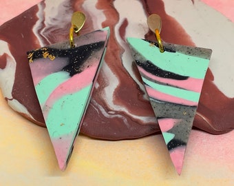 Retro 1980s Miami Beach Large Triangle Marbled Polymer Clay Earrings