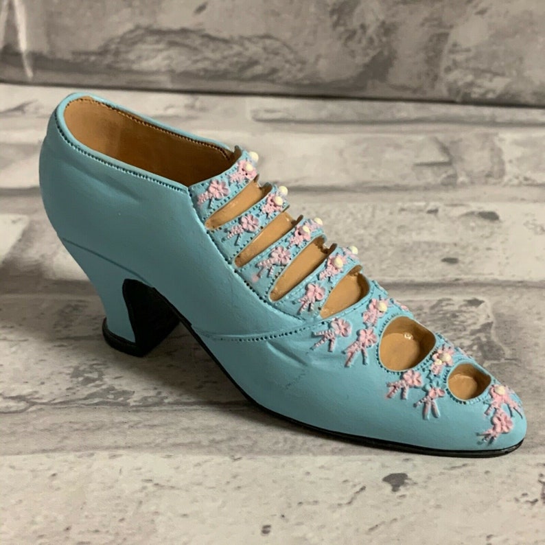 Miniature Victorian Shoe Collectible Figurine Baby Blue With Faux Pearl Buttons