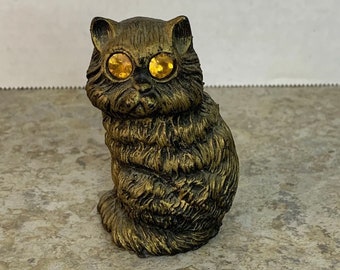 Vintage Cat Figurine Bronze color With Orange Rhinestone Eyes