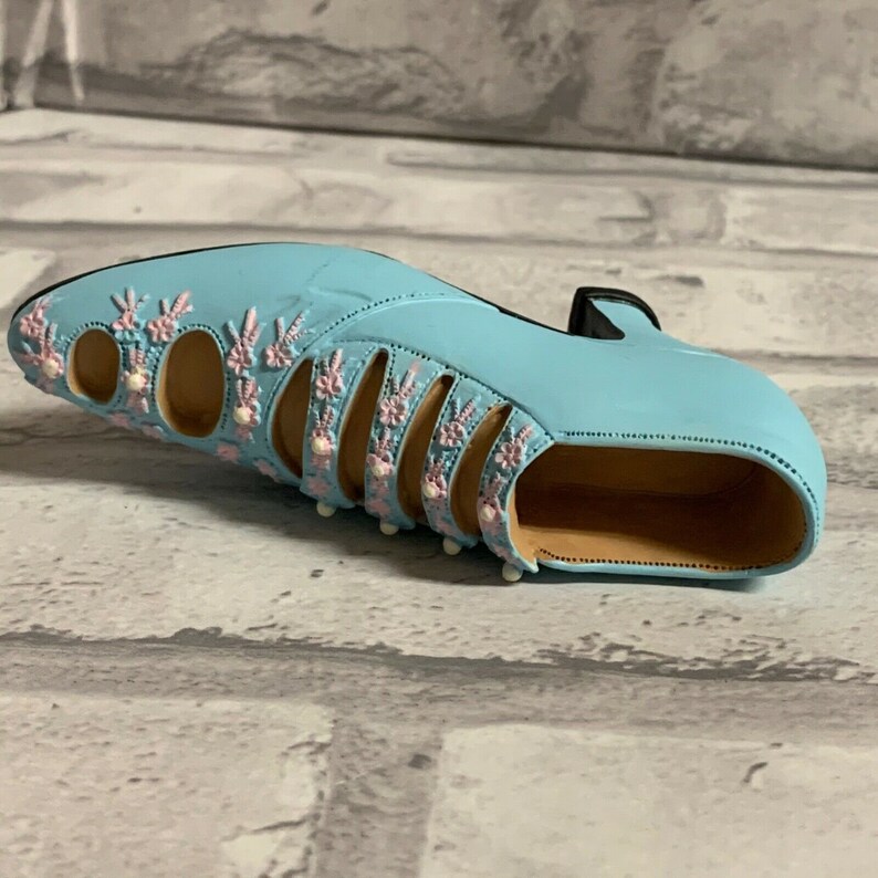 Miniature Victorian Shoe Collectible Figurine Baby Blue With Faux Pearl Buttons