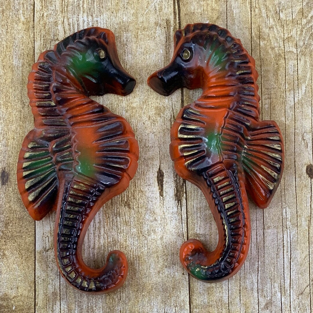 Vintage Seahorses Chalkware Figurine Wall Hanging Decor Red Etsy