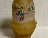 Vintage 90s Fenton Fairy Lamp Amber Satin Hand Painted Fredrick Ice Skating