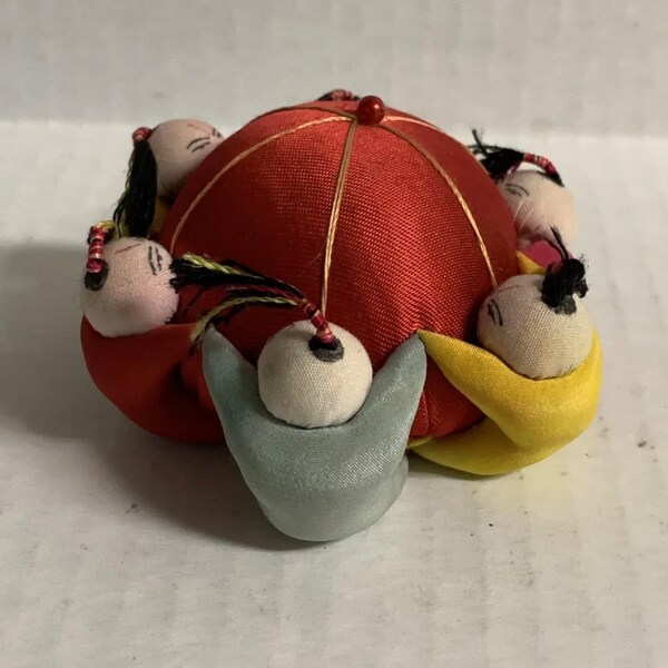 Vintage RED Satin Sewing Pincushion Pin Cushion 6 Boy Needle Chinese Japanese