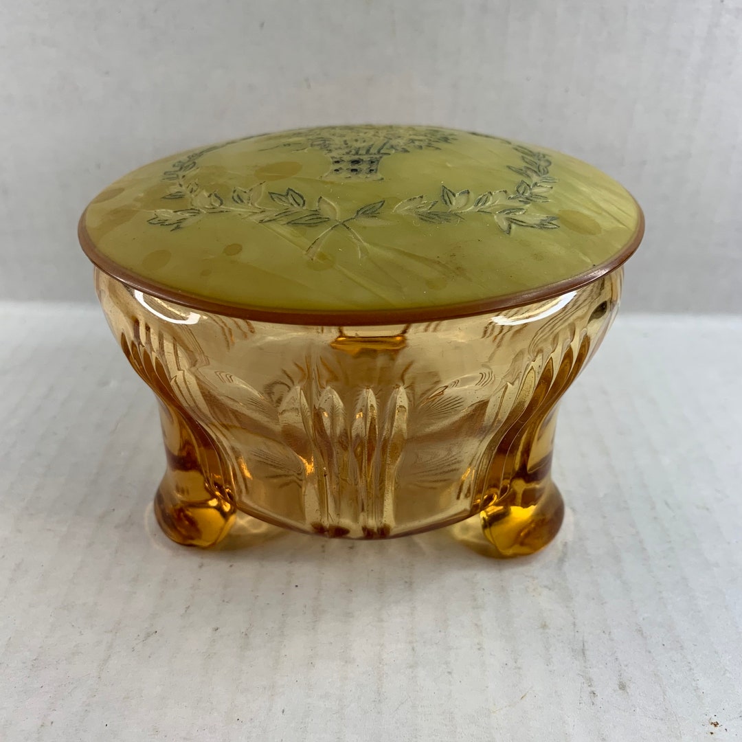 Pink Glass Dresser Powder Jar Footed Lidded Vintage Etsy