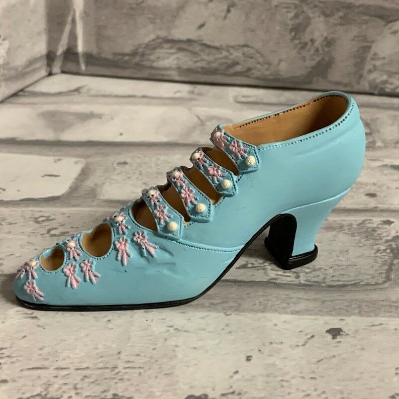 Miniature Victorian Shoe Collectible Figurine Baby Blue With Faux Pearl Buttons