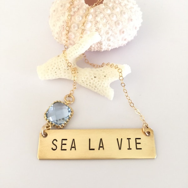 Sea La Vie Stamped Gold Fill Bar Necklace Thats Life Friend Gift Ocean Coastal Nautical Beach Bridesmaids