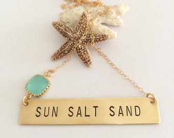 SUN SALT SAND Stamped Layering Name Plate Bohemian Boho Bar Necklace Beach Glass