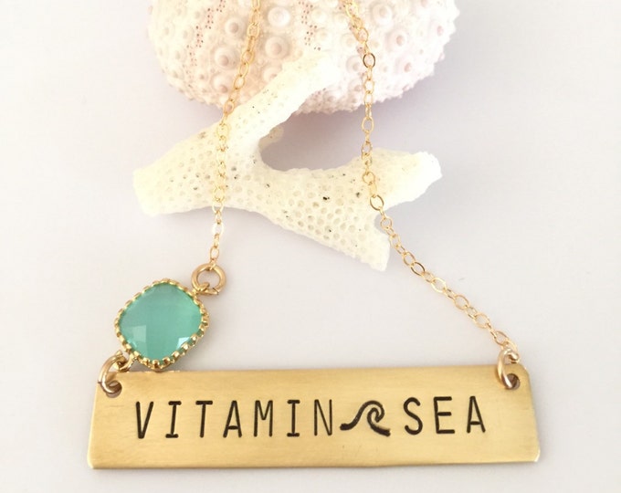 Vitamin Sea Stamped Bar Necklace Name Plate Bridesmaids Beach Necklace Wedding Mothers Day Friend Gift Brass Gold Customized Personalized