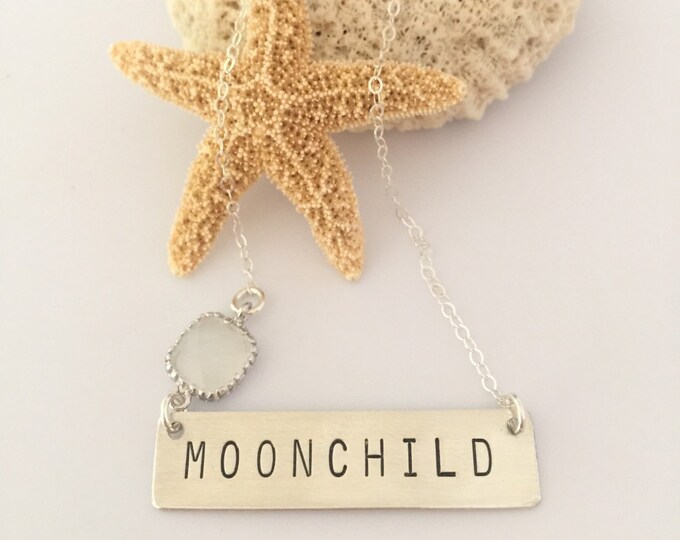 Moonchild Stamped Silver Bar Necklace Boho Layering Bohemian Bridesmaids Friend Gift Boho Celestial Sun Stars