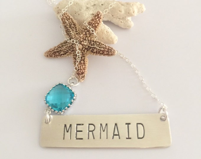 MERMAID Sterling Silver Stamped Nautical Beachglass Bohemian Anchor Custom Bar Necklace Bridesmaids Friend Gift Mothers Day Graduation Beach