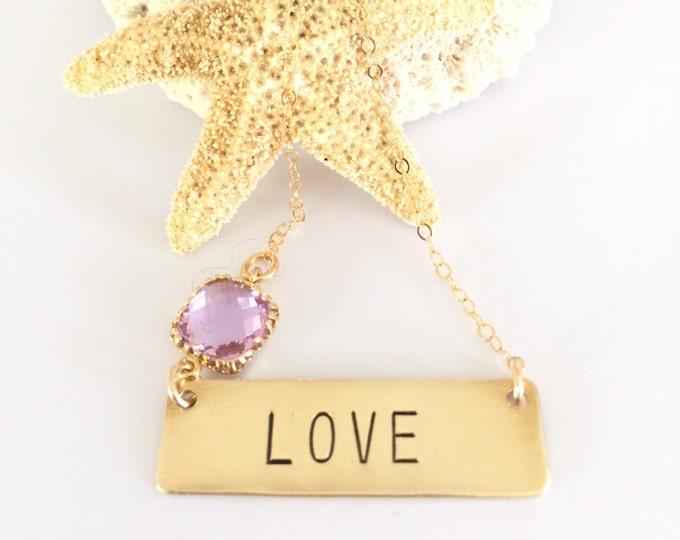 Love Stamped Gold Fill Bar Necklace