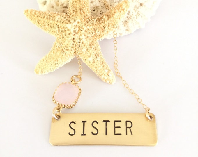 SISTER Stamped Gold Fill Bar Necklace Layering Boho Family Sisters Bridesmaid Sorority Friend Gift Gold Custom Personalized