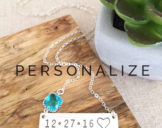 Sterling Silver Custom Date Bar Necklace Stamped Nameplate Personalized Wedding Anniversary Bridesmaids Bohemian Birthstone Gift Personalize