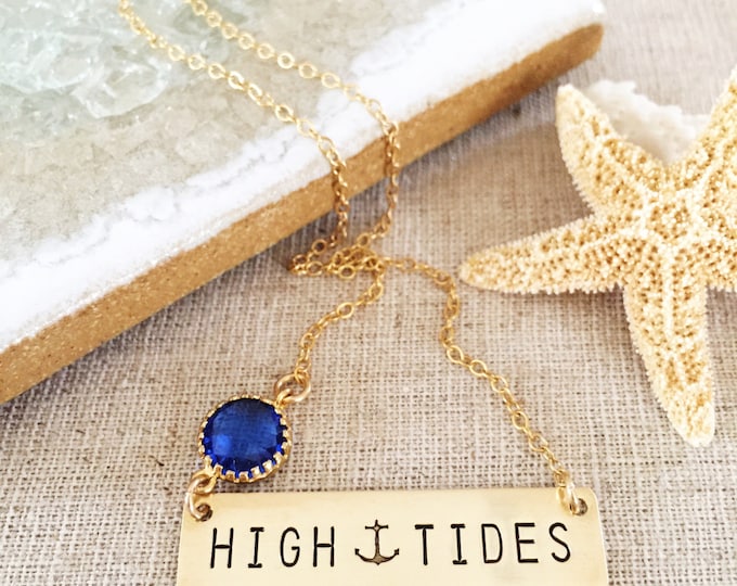 High Tides Bar Necklace Nameplate Necklace Stamped Ocean Beach Sea Coastal