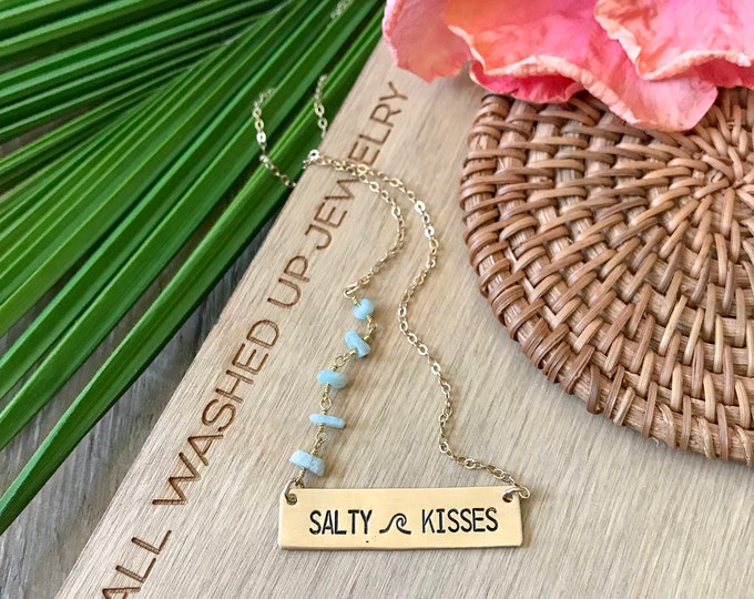 New! // Salty Kisses Gold Fill Stamped Bar Necklace