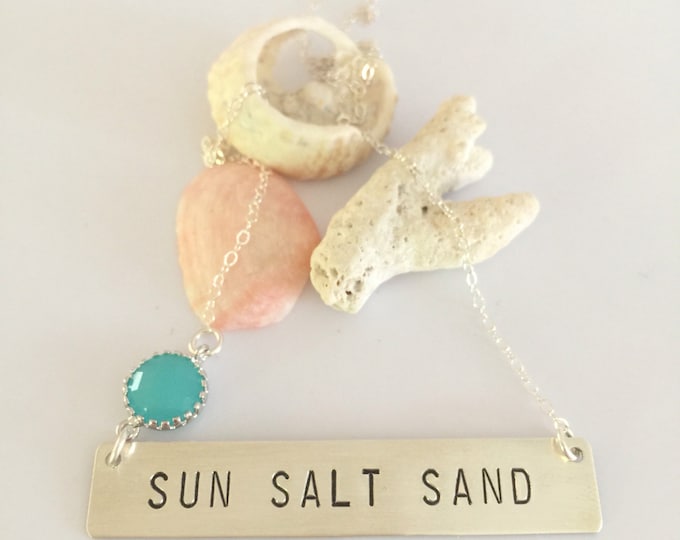 SUN Salt Sand Stamped Silver Bar Necklace Bridesmaids Mothers Day Friend Gift Beach Wedding Outer Banks OBX