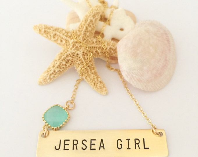 Jersea Girl Stamped Gold Fill Bar NecklaceJersey Shore Beach Wedding Friend Gift Mermaid Nautical Outer Banks Bridesmaids Custom Personalize