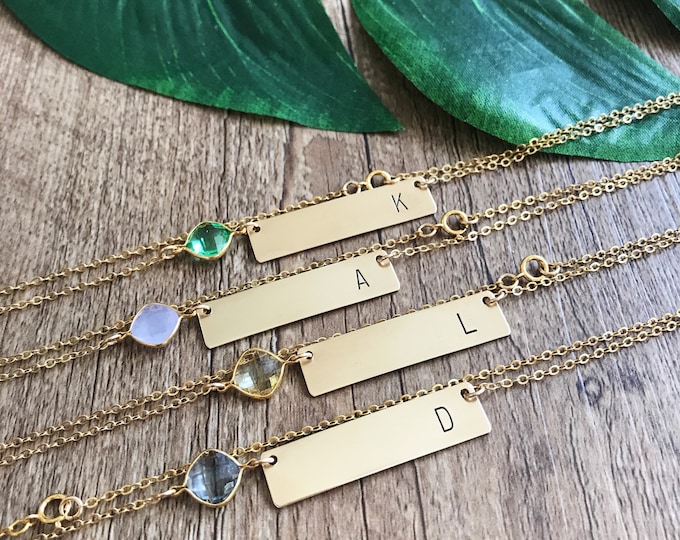 Customizable Initial Stamped Gold Fill Bar Necklace Personalized Custom Bridesmaids Friend Gift