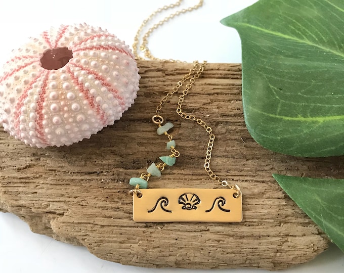 Wave & Shell Gold Fill Stamped Bar Necklace