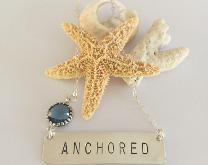 Anchored Stamped Silver Bar Necklace Bridesmaids Nautical Beach Wedding Boho Friend Gift Outer Banks Seaglass Turquoise Ocean Anchor Mermaid