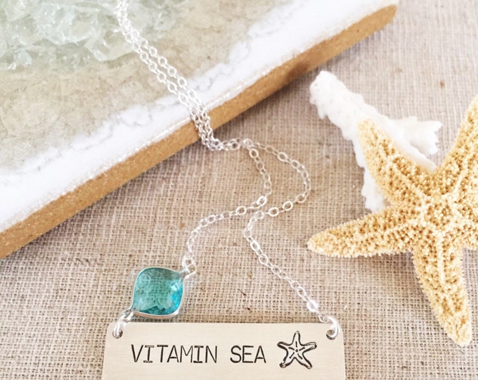 Vitamin Sea Sterling Silver Stamped Mermaid Bar Necklace Turquoise Beach Bridesmaids Friend Gift Outer Banks OBX Mothers Day