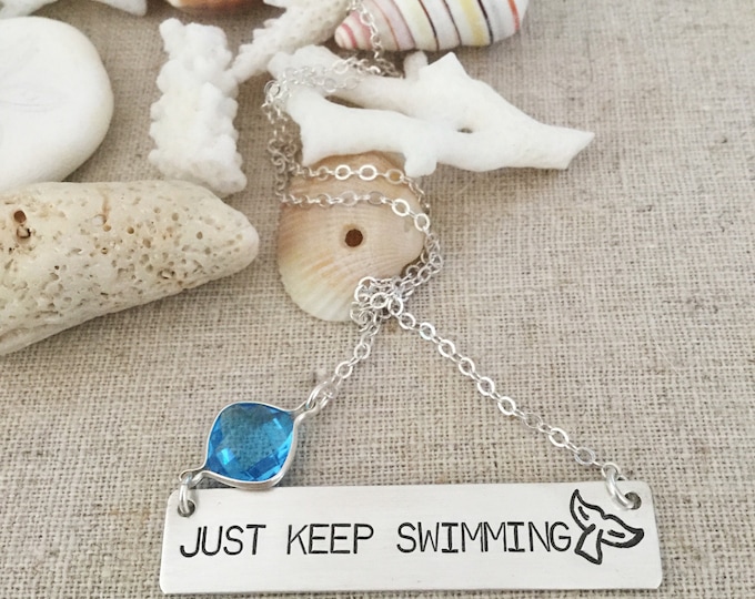 New! Just Keep Swimming Bar Necklace Sterling Silver