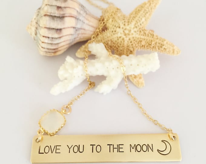 Love You To The Moon Stamped Bar Necklace Name Plate Ocean Beach Wedding Love Gift Gold Fill Gold Custom Personalized Anniversary