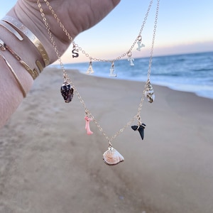 New! // Charm Necklace Shells Words Shark Tooth Coastal Beach