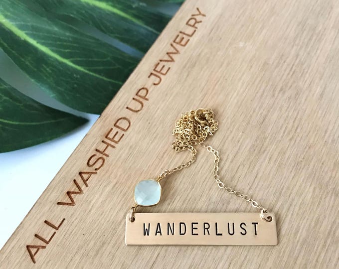 Wanderlust Stamped Bar Name Plate Custom Bohemian Boho Layering Necklace Travel Seas The Day Gypsea Ocean Island Salty