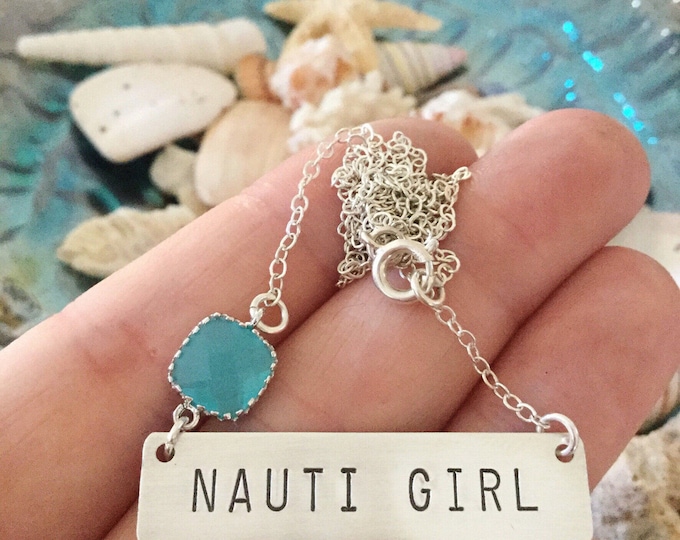 NAUTI Girl Stamped Sterling Silver Bar Necklace Layering Nautical Beach Sea Wedding Bridesmaids Ocean Anchor Vitamin Sea Friend Gift