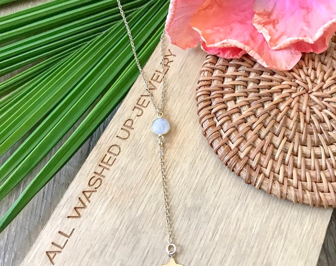 New! // Gold Fill Moonstone Star Lariat Necklace