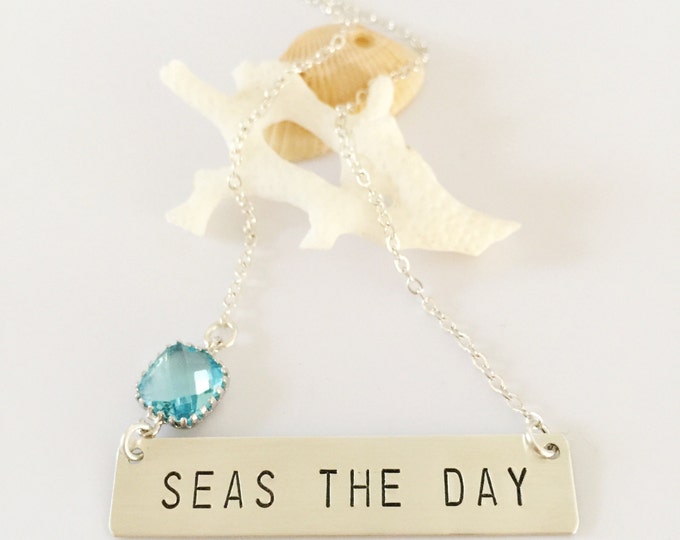 SEAS THE DAY Stamped Bar Nameplate Necklace Nautical Layering Bohemian Anchor Custom