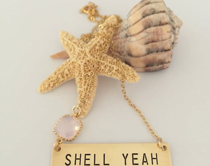 SHELL YEAH Stamped Bar Necklace Layering Boho Name Plate Beach Glass Sea Glass