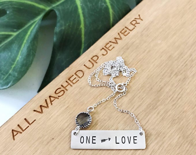 One Love Bar Necklace Stamped Sterling Silver Layering Boho Nameplate Arrow Bridesmaids Custom Gift