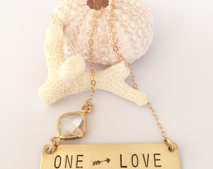 ONE Love Stamped Gold Fill Bar Necklace Arrow Gift Love Gold Layering Custom Personalized