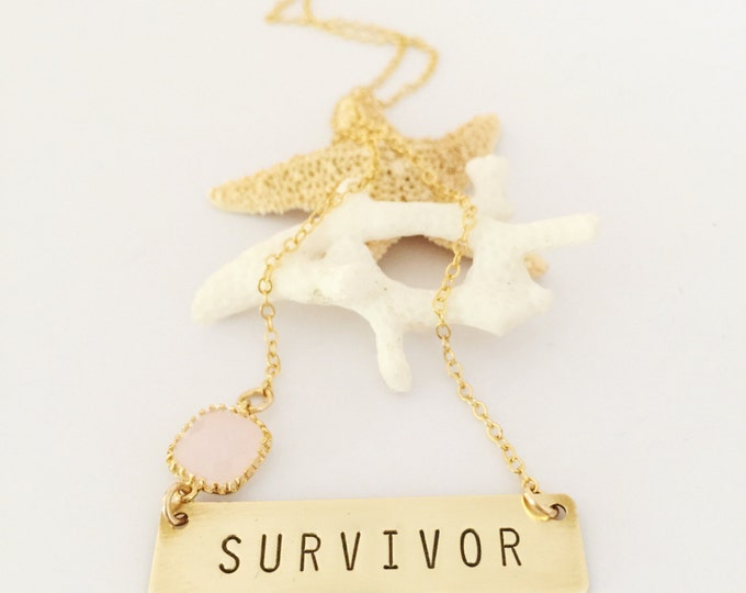 Survivor Stamped Bar Name Plate Layering Bohemian Custom Necklace Friend Gift Gold Breast Cancer Awareness Love Customizable Personalized