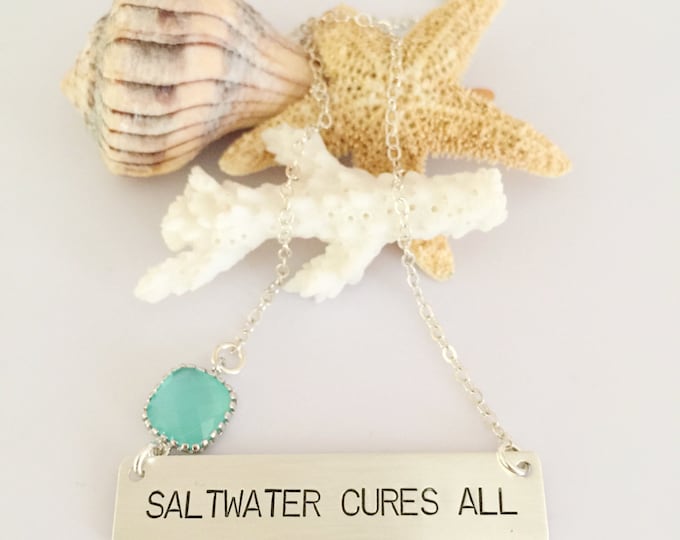 Saltwater Cures All Bar Necklace Sterling Silver Nautical Beach Ocean Bridesmaids Wedding Sea Boho Outer Banks OBX Gift Friend Love Mermaid