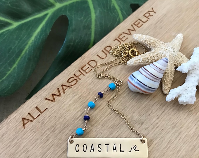 Coastal Necklace Stamped Gold Fill Beaded Bar Sea Ocean Layering Salty Beach Boho Outer Banks Mermaid Customizable