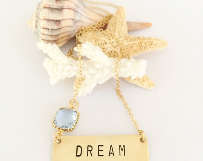 Dream Stamped Gold Fill Bar Necklace