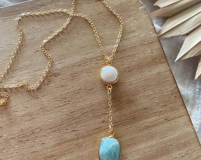 New! // Faceted Amazonite Pearl Lariat Necklace
