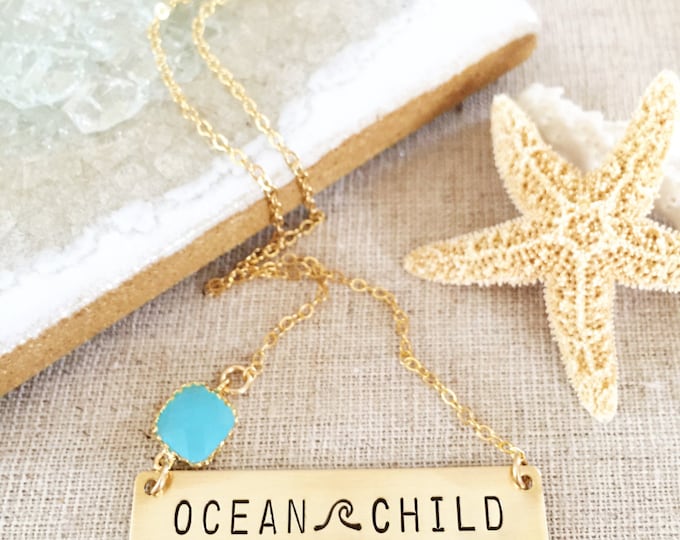 Ocean Child Bar Necklace Nameplate Necklace Stamped Ocean Beach Sea Coastal Wave