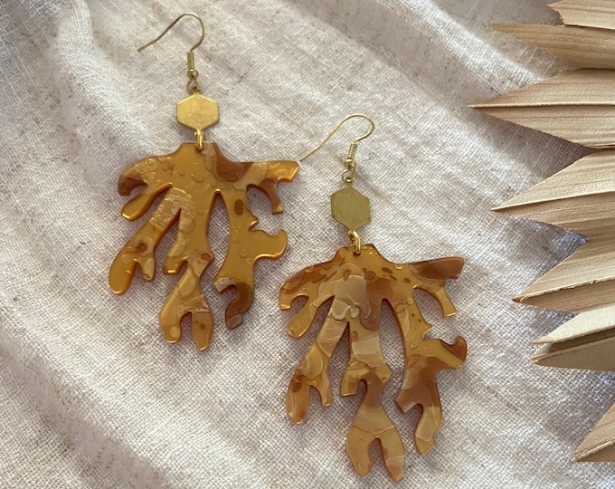 New! // Large Coral Acrylic & Gold Charm Earrings