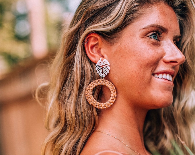 New! // Acrylic and Rattan Monstera Earrings