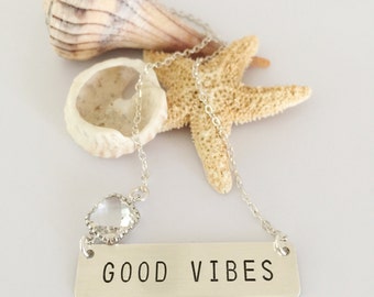 Good Vibes Stamped Sterling Silver Bar Necklace