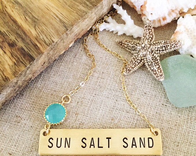 SUN SALT SAND Gold Fill Stamped Layering Name Plate Bohemian Boho Bar Necklace Beach Glass