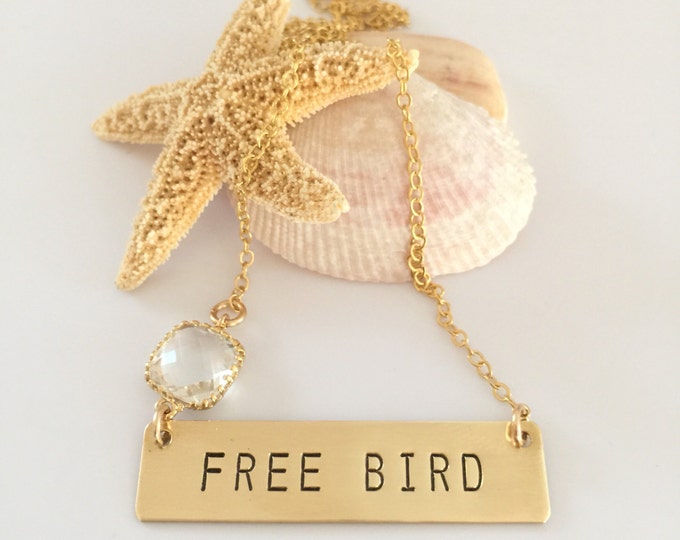 Gold Fill FREE BIRD Stamped Bar Bohemian Necklace Bar Custom