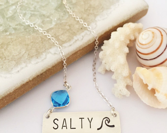 SALTY Bar Necklace Nautical Beach Ocean Sterling Silver Boho Ocean Vitamin Sea Beach Tropical Seas The Day Mermaid Necklace